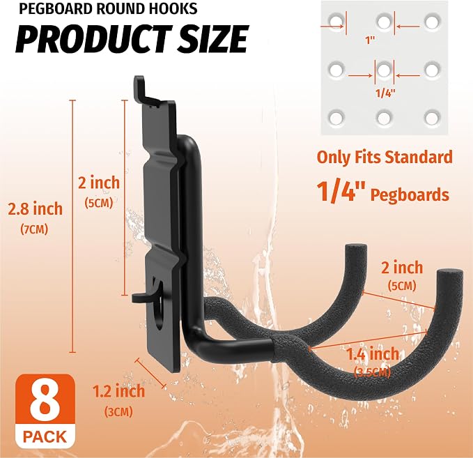 HUHOLE 8 Pack Double Arm Round Pegboard Hooks for 1/4 Inch Pegboard | Tool Holders with 30 lb Capacity, Vinyl Coated Steel Hangers for Garage, Workshop, Drills, Hammers and Cords