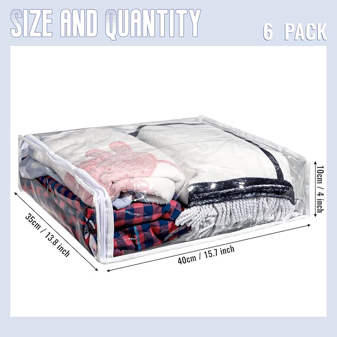 6 Packs Clear Zippered Storage Bags 16 x 14 x 4 Inch Sweater Moth Bags Vinyl Plastic Storage for Blankets Clothes Bed Sheet Organizer with Zipper for Closet Linen Sweater Clothes Comforters Pillow