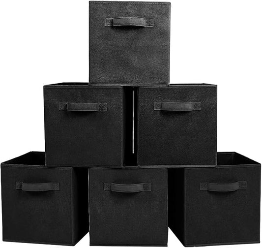 PowerKing Collapsible Storage Cubes, Farbic Storage Bins, Black, 6 Pack | Sturdy, Lightweight, Easy Pull Handle, Closet & Shelf Organizer, Clothes and Toys Storage, 10.5'' x 11'' x 10.5''