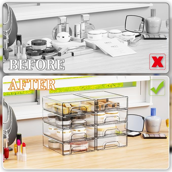 2.2'' Tall Small Clear Stackable Storage Drawers,6 Pack Stacking Acrylic Organizers Drawers for Hair Accessories,Makeup,Pen,Art Crafts,Office Supply Organizer and Desktop Plastic Mini Drawers