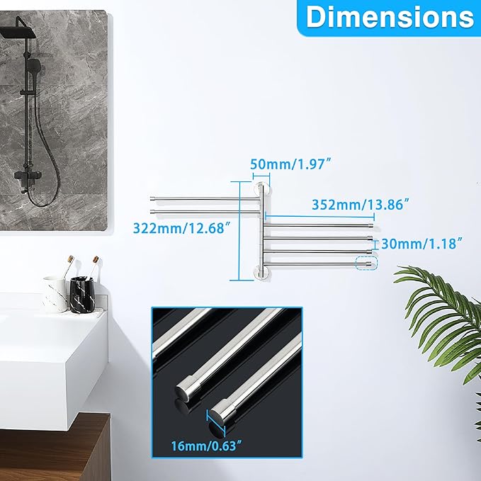 Alise Swivel Towel Rack 13.9", 6 Arm Swing Out Towel Bar, Brushed Nickel | Space Saving Swing Arm Towel Rack for Bathroom Kitchen, 180° Rotating, SUS304 Stainless Steel