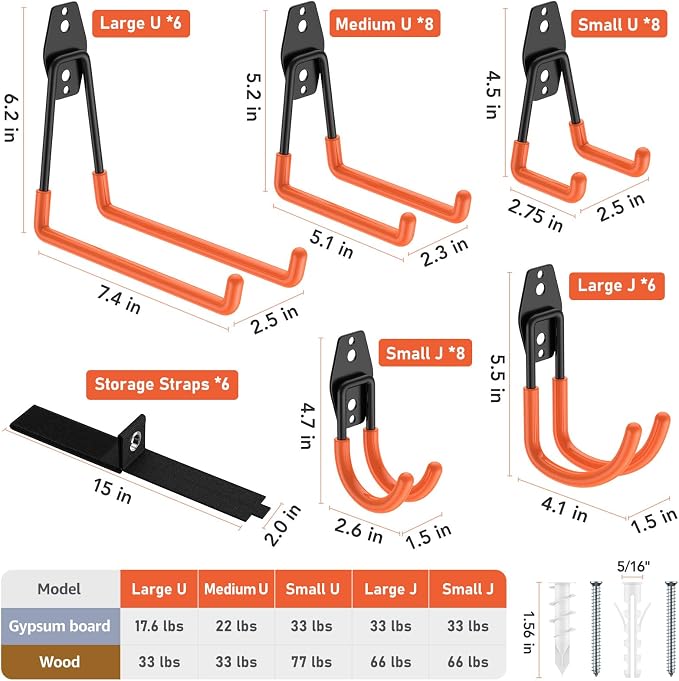 Garage Hooks, Anti-Slip Heavy Duty Wall Mount Hooks, 42-Pack | Hanging Storage for Bikes, Ladders, Hoses, Ropes, Garden Tools - For Warehouse, Workshop, Shed, Shop, Yard