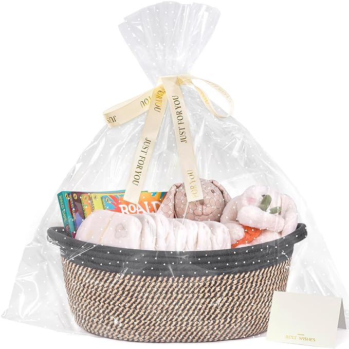CHICVITA Small Wicker Basket with Bags & Ribbon for Gifts, Black & Jute | 12"x 8"x 5" Gift Basket Empty to Fill for Toys Snacks, Rope Baskets for Storage, Cute Basket for Dogs Cats