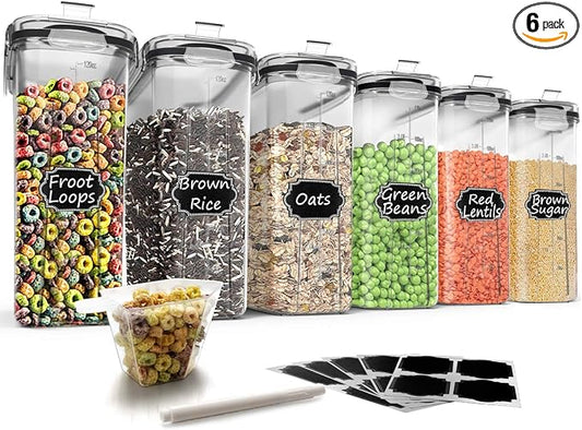 Wildone Cereal Storage Containers Set, Large BPA Free Plastic Airtight Food Storage Containers 4L for Flour, Sugar, 6 Piece Set Cereal Dispensers with 20 Labels & Marker, Black