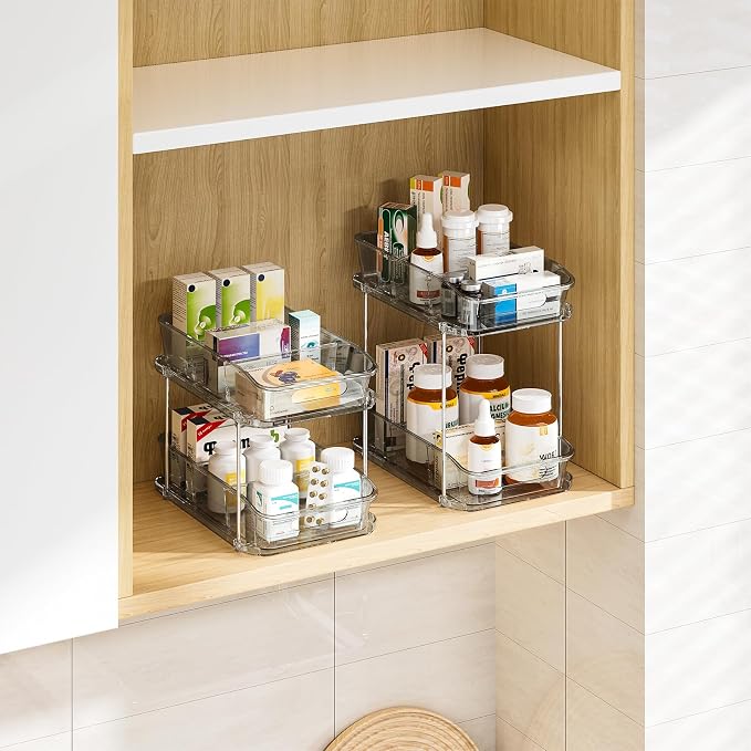 Delamu 2-Tier Under Sink Organizers and Storage, Multi-Purpose Stackable Bathroom Cabinet organizers, Pull Out Kitchen Pantry Organization and Storage with Dividers(2 Pack, Grey)