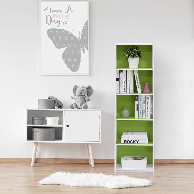 Furinno LUDER Book Shelf, 5-Tier Bookshelf, Bookcase with Open Shelves, 9.4 x 15.8 x 52, Easy Assembly, for Living Room, Bedroom, Home Office, White/Green