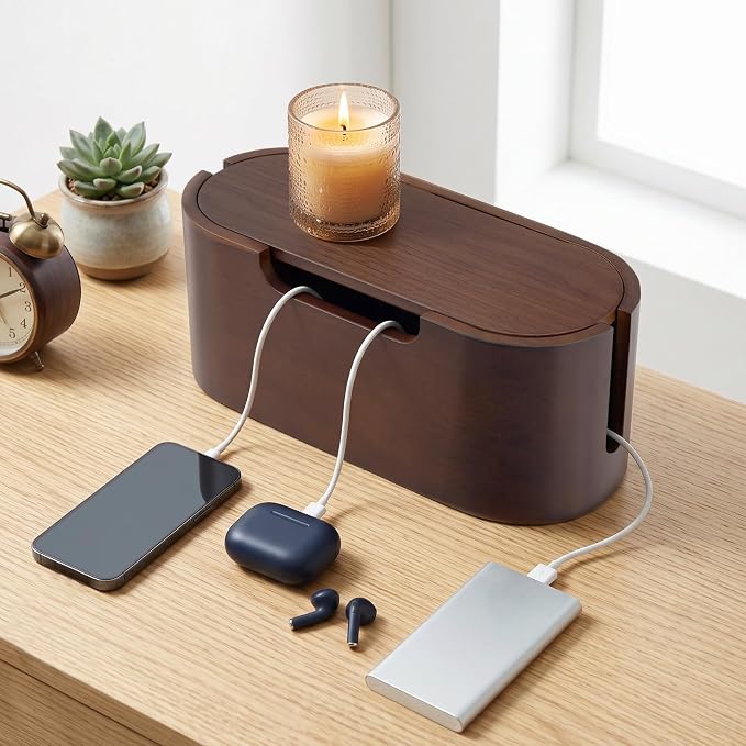 Wooden Cable Management Box with Lid, Decorative Cord Organizer for Power Strip & Charger Cables, Ventilation Holes & Side Slots, Solid Pine Wire Hider for Desk, Home Office, Dorm & Minimalist Setup