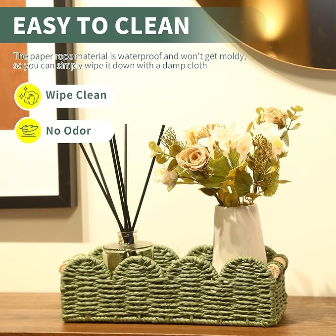 Paper Rope Storage Basket Set of 2 with Wooden Handles - Scalloped Toilet Paper Organizer, Cute & Functional Home Decor for Bathroom or Living Room (Green)