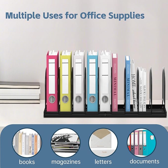 SUPEASY 9-Section File Organizer for Desk, Metal File Folder Holder, Black | 9 Vertical Compartments with Sturdy Metal Base for Office Documents Books Magazines and Laptop