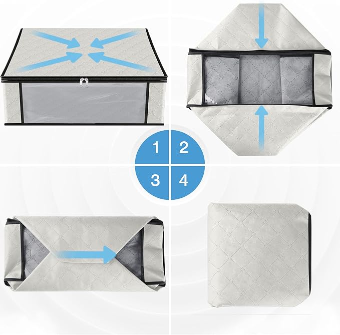 HomeHacks 4-Pack Clothes Organizer Storage Bags, 35L Storage Bins, White | Foldable Storage Box Container with Zippers, Clear Window, Reinforced Handles for Closet, Dorm, Pillows, Bedding, Sweater