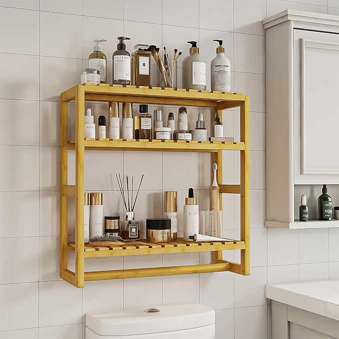 Galood Over The Toilet Storage Bathroom Shelves Wall Mounted 3 Tier Space Saver Corner Shelf Organizer Bamboo Towel Rack Toilet Paper Cabinet with Hanging Rod Yellow