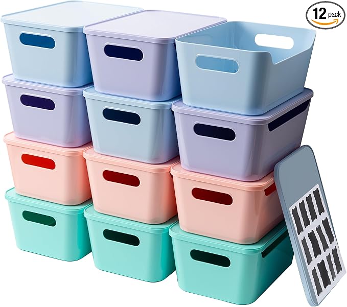 Tiawudi 12 Pack 4.5L Storage Bins with Lids, Plastic Storage Baskets for Home Classroom Organization, Multi-Use Organizer Bins for Cabinet, Pantry, Drawer, Countertop or Shelves, Colorful Containers
