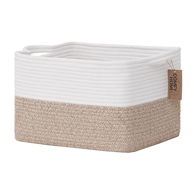COMFY-HOMI Cotton Rope Woven Basket with Handles for Shelves,Toys,Book, Cloth Storage Baskets Bin for Organizing- 1 PCSToy Decorative Organizer for Living Room, Bathroom