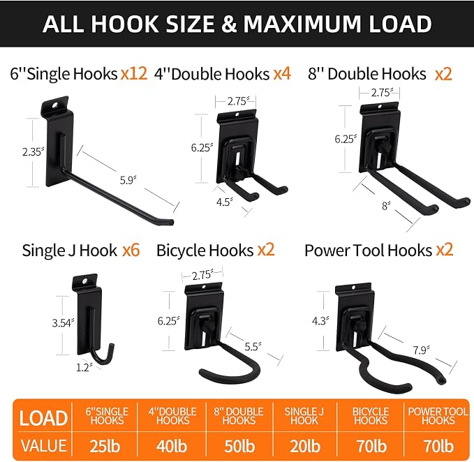 Slat Wall Accessories Garage Hooks Heavy Duty Slatwall Panel Hook Locking Bike Hook for Slat Wall Hooks for Hanging Ladder Storage System Black Accessory for Power Tools Organizer (28 Hook)
