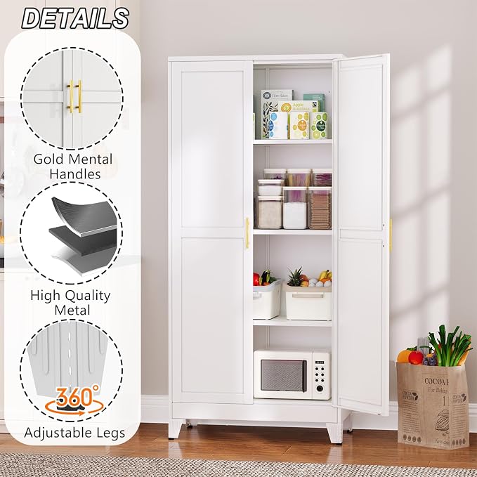 Winiowa Metal Pantry Cabinet with 2 Doors and Adjustable Shelves - 61" Kitchen Storage Cabinet with Gold Handles - Versatile Storage for Kitchen, Bathroom, Dining Room, Utility Room - White