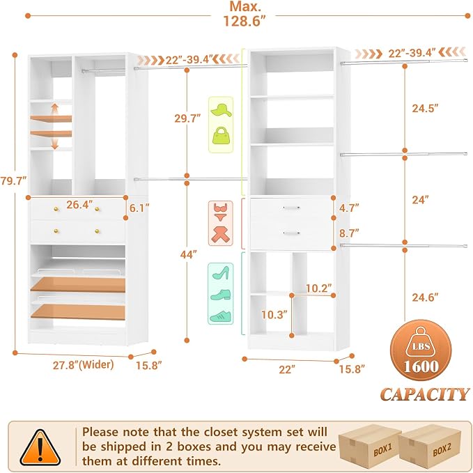 Besiost Closet System, Up to 128.6"/10.7 FT Closet Organizer with 4 Wooden Drawers and Shelves, Walk-in Closet System with 6 Hanging Rods, Built-in Closet Can Fit 96"/8FT, 120"/10FT, White Set 2