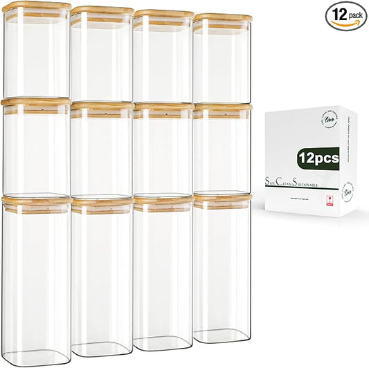 LIBWYS 12-Pack Square Glass Storage Jars with Bamboo Lids (0.6Qt/1.06Qt) - Stackable Food Containers for Pantry Organization, Coffee, Flour, Snacks, Tea | Kitchen Canisters Set | Stackable Dry Food Containers for Pantry Organization, Coffee, Flour, Sna...