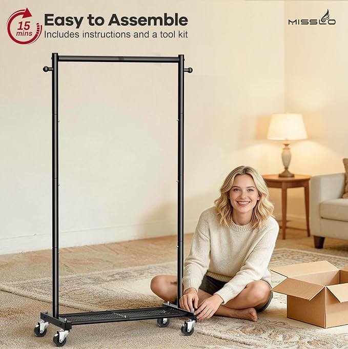 MISSLO Heavy Duty Clothes Racks for Hanging Clothes 25mm Metal Clothing Rack with Shelves for Storage Rolling Garment Rack with Wheels for Bedroom, Laundry, Black, 28" x 15.5" x 60"