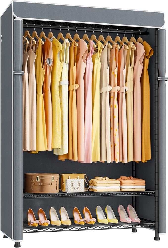 H5C Plus Clothes Rack with Cover, Covered Clothing Rack Heavy Duty | Garment Rack with Shelves, 3-Tier Portable Closets for Hanging Clothes, Max Load 370LBS, Black Closet Racks with Gray Cover