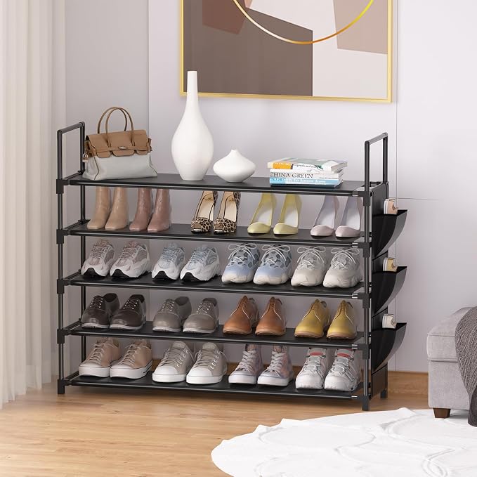 OYREL Shoe Rack 5 Tier 20-25 Storage Capacity Shoes Organizer | Closet, Entryway, Garage, Door Entrance, Space Saving Shoes Holder Stand, Sturdy Metal Free Standing Boot Shelf Tower Black