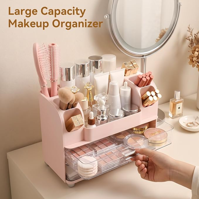 Makeup Organizer for Vanity with 2 Large Drawers and 6 Brush Holders, Pink | Large-Capacity Makeup Holder Keeps Skincare and Cosmetics Organized and Easy to Reach on Vanity or Bathroom Counters