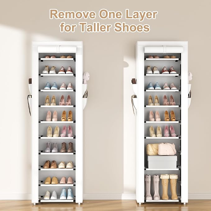 ROJASOP Shoe Rack with Covers 10 Tier Large Shoe Organizer Tall Shoe Closet Storage for 20-22 Pairs Shoe and Boot, Free Standing Shoe Rack Organizer for Closet, Entryway, Bedroom, White