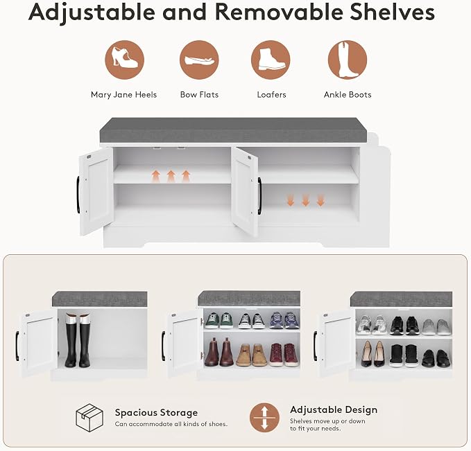 GRUSIGN 39.6" Shoe Storage Bench with Cushion, Entryway Shoe Cabinet, White | 3-in-1 Shoe Storage Bench, Adjustable Shelves, Removable Cushion, 300 lbs Capacity, Entryway, Apartment, Families