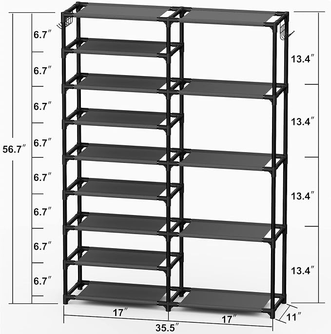 CSXGBAB Tall Garage Shoe Rack Large Capacity,Two Rows Versatile Hooks Storage Boot Shelf Black 24-35 Pairs