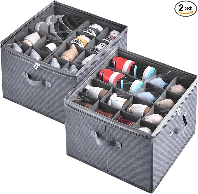 INSTY 2 Pack Shoe Organizer for Closet,Fits up to 32 Pairs,Adjustable Dividers for Shoe Storage,Fabric Shoe Storage Bins with Clear Cover,Grey