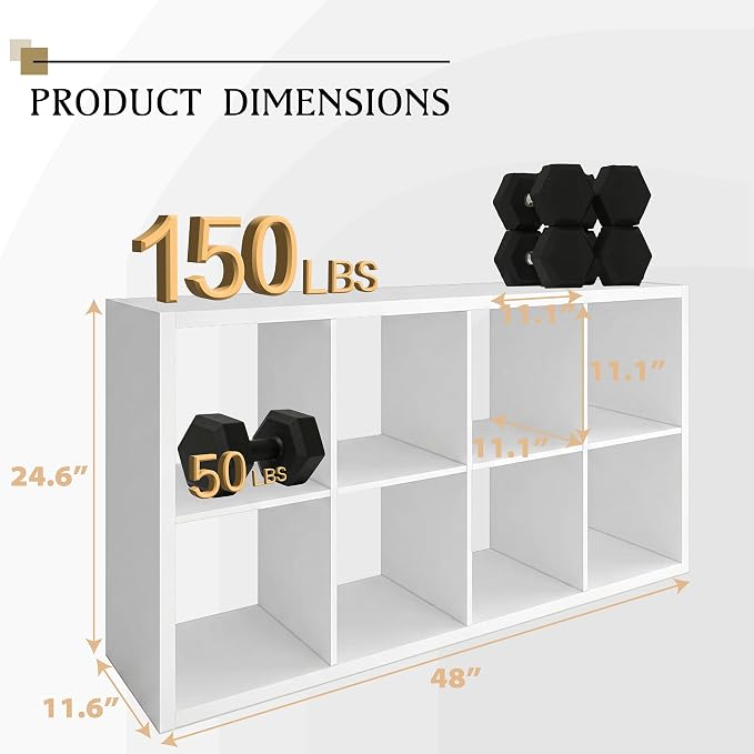 WannabeMyself【2026 Wooden Thick Frame】 8 Cube Storage Organizer with Anti-Tipping Kits, Reversible Open Back Book Shelf,Bookcase for Living Room,Bedroom,Entrance Hall,Office,11.6×48×24.6,White