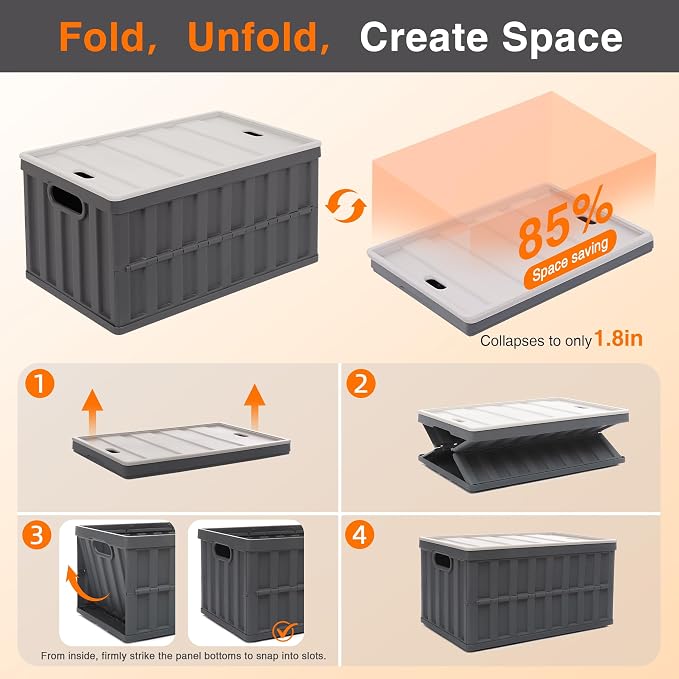 Citylife 64L Collapsible Storage Bins with Lids Plastic Storage Containers for Organizing Stackable Storage Box Large Heavy Duty Utility Crates, 2 Packs