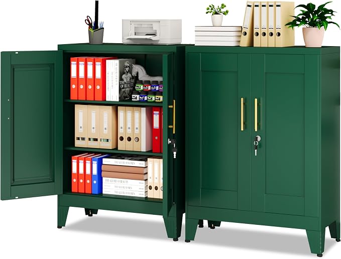 GAIOUS Green Metal File Cabinet with Lock(Two Units), Steel Storage Cabient | with 2 Doors and 2 Adjustable Shelves, Multifunctional Locked Cabinet for Home/Office/Garage/Tool Room, Accent Furniture