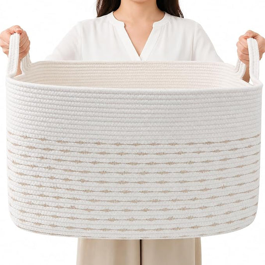 65L Collapsible Woven Rope Laundry Basket with Handles, Yellow | 21x16x12 Foldable Rectangular Blanket Basket for Toys, Clothes & Pillows,Ideal for Nursery, Bathroom, Bedroom, Living Room
