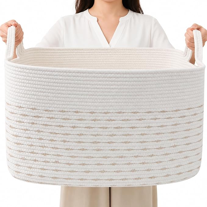 96L Extra Large Cotton Rope Laundry Basket with Sturdy Handles | 24x16x15 Foldable Rectangular Blanket Basket for Toys, Clothes & Pillows,Ideal for Nursery, Bathroom, Bedroom, Living Room