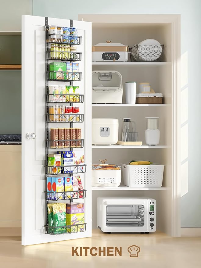 Delamu Adjustable Narrow Over the Door Pantry Organizer, 9-Tier Metal Pantry Organization and Storage for Kitchen, Hanging Spice Rack Seasoning Shelves, Cabinet Door Organizer for Easy Install, 12.5"