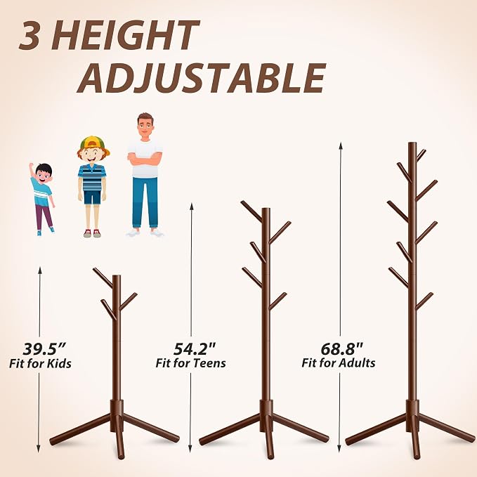 Unisakey 8-Hook Freestanding Wooden Coat Rack 3 Adjustable Heights Brown | Stable Triangular Base for Safety,Durable Construction,Simple Tool-Free Assembly,Ideal for Bedroom Hallway Office Entryway