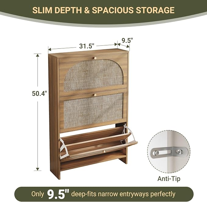 Nicetree Rattan Arched Accent Shoe Storage Cabinet - Freestanding Ultra Slim for Entryway, 3 Flip Drawers & 3-Tier Adjustable Shelves, Farmhouse Modern Rustic Shoe Rack for Hallway, Foyer, Living Room