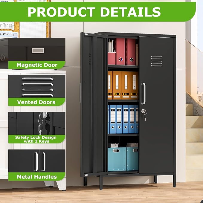 PAOFIN 47" Metal Storage Locker, Lockable Employees Metal Locker with 2 Door and Adjustable Shelves, Steel Locker for Home, School, Office, Gym (Black)