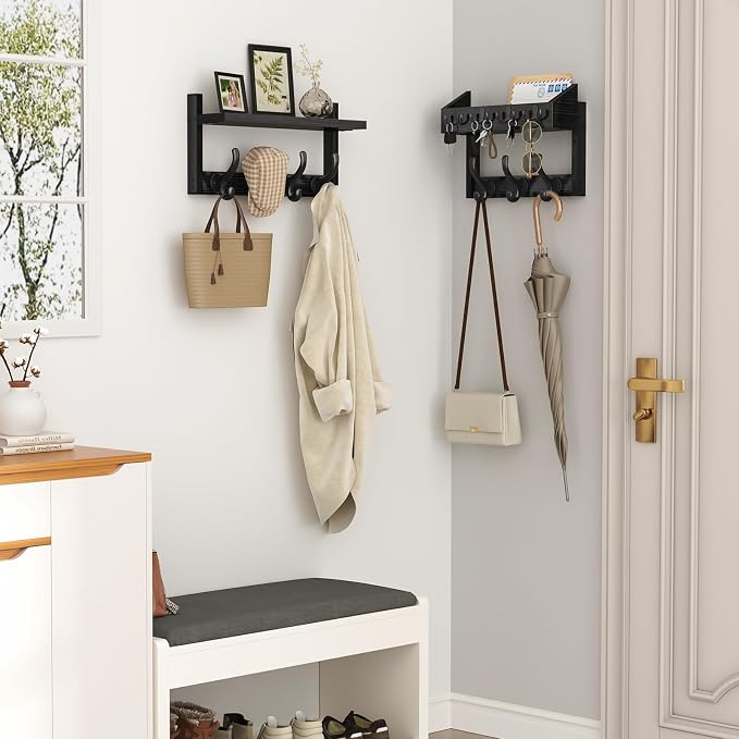 Evermagin 29" Coat Rack Wall Mount with Shelf for Entryway, Black | Wall Mounted Coat and Key Rack with Hooks, Key Holder with Mail Organizer for Wall, Living Room, Mudroom, Bedroom