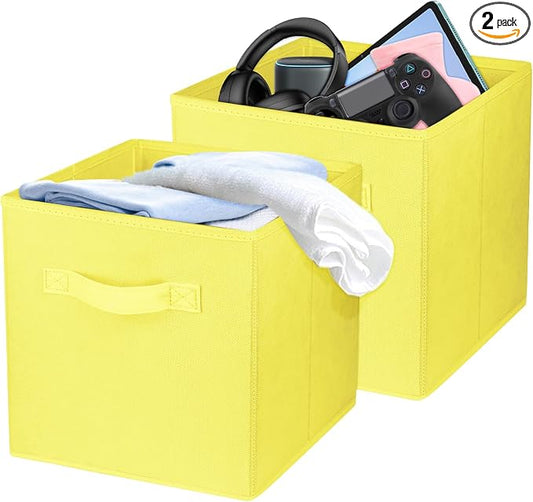 2 Pcs Storage Cubes, 10.5 Inch Collapsible Storage Bins, Fabric Foldable Bins for Organization, Durable Storage Bins for Closet, Shelves, Offices (Yellow) | [Yellow] [For Organization, Durable Storage Bins for Closet, Shelves, Offices]