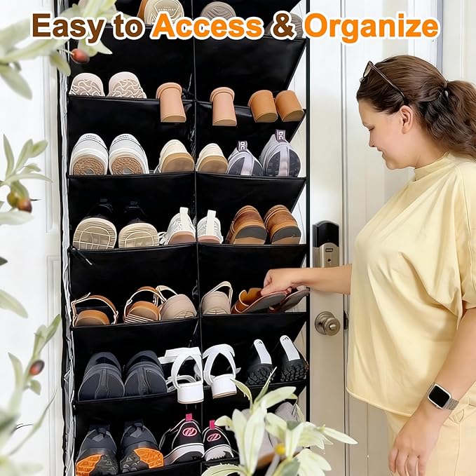 UVIAHOMI 20-30 Pairs Over the Door Shoe Organizer, Clear Pockets Hanging Shoe Storage for Closet, 10-Tier Door Shoes Rack, Handing Shoes Holder Fit All the Family's Sneakers, Boots, Heels, Black