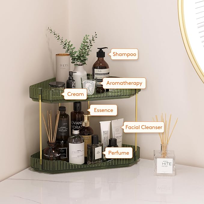 Lifewit 2 Tier Corner Bathroom Counter Organizers and Storage, Green | Plastic Makeup Skincare Organizers Countertop, Large Sink Cosmetic Perfume Shelf for Bedroom, Dresser, Kitchen, Vanity