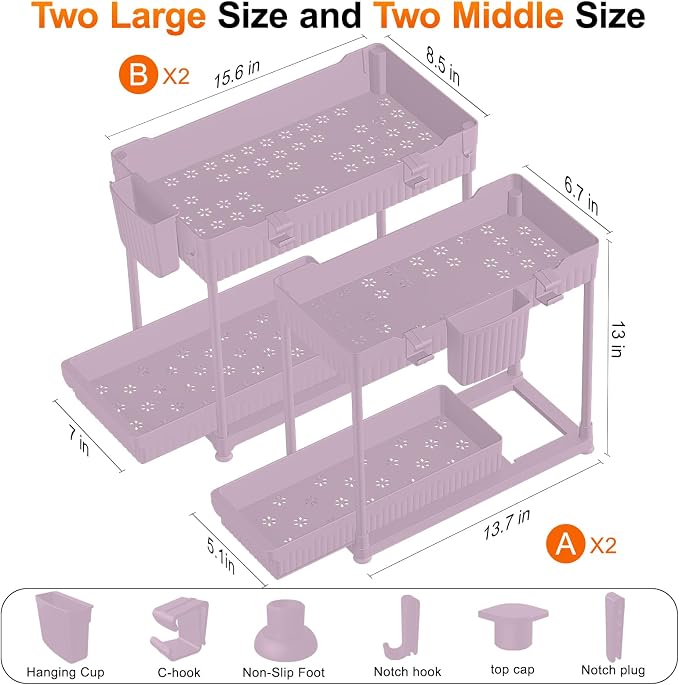 Sevenblue 4-Pack 2-Tier Under Sink Organizer with Pull Out Drawers | Multi-use kitchen & bathroom storage. Includes hanging hooks and cups. Pink, space-saving cabinet design. 12.8 Inch