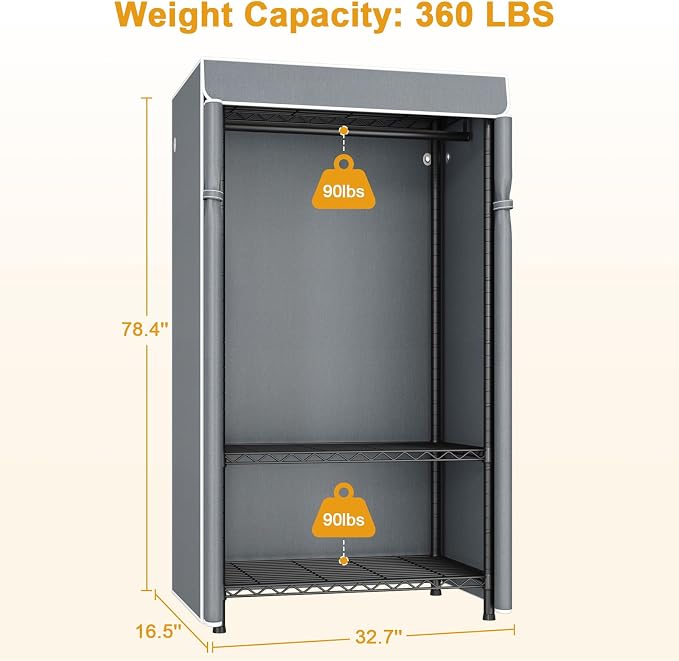 H5C Clothes Rack with Cover, Covered Clothing Rack Heavy Duty | Garment Rack with Shelves, 3-Tier Portable Closets for Hanging Clothes, Max Load 360LBS, Black Closet Racks with Gray Cover