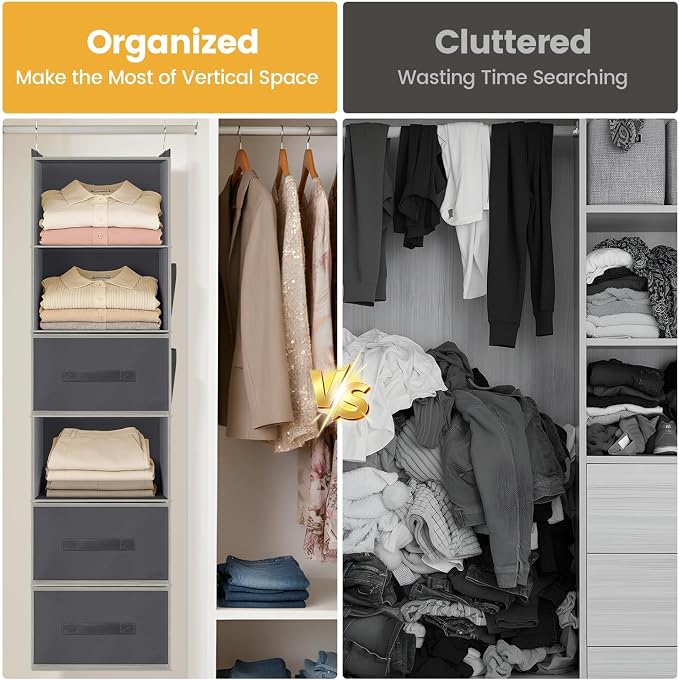 Hanging Closet Organizer 6-Shelf with 3 Drawers & Side Pockets, Closet Organizers and Storage for Dorm, Nursery & Wardrobe Organization, Hanging Shelf Clothes Organizer for Sweaters, Shoes, Gray