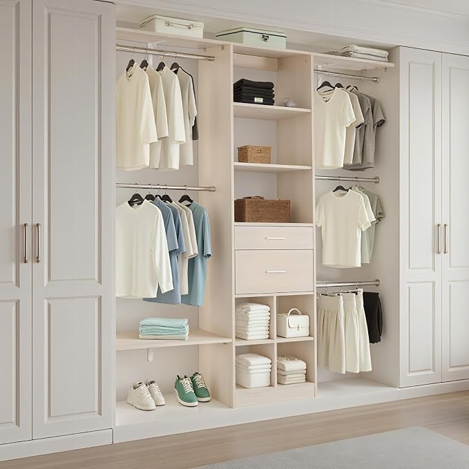 VEVOR Closet System with 2 Drawers, Adjustable Height Wooden Closet Organizers, Modern Walk-in Wardrobe Organization with 5 Retractable Clothes Hanger Rods, Freestanding Garment Rack Storage, Oak