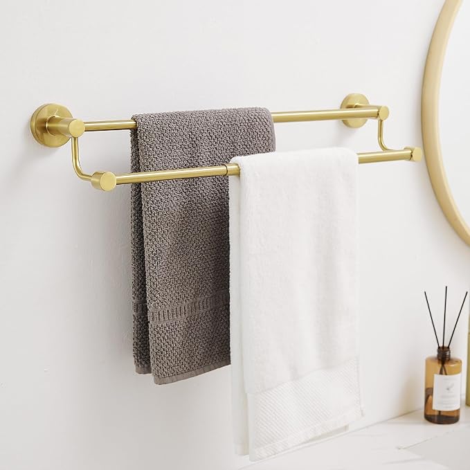 BESy Double Towel Bar Towel Rack for Bathroom Wall Mounted Brushed Gold | Adjustable 16-26 In,Wall Mounted Towel Holder, Stainless Steel, Rustproof, Towel Bar Rod Hanger Hardware Accessories Hotel