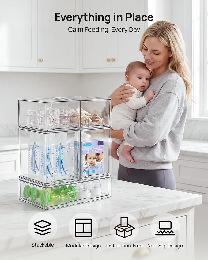Vtopmart Stackable Storage Drawers Set of 9, Clear Plastic Organizer Bins for Baby Bottle, Beauty Supplies Storage, Ideal for Kichen Countertop, Vanity, Bathroom, Cabinet, Pantry Organization