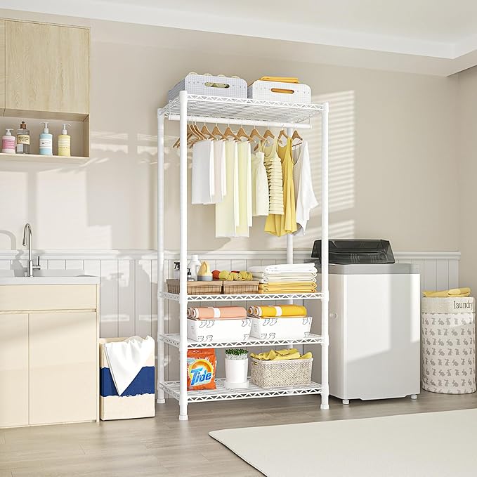 Ulif H2 Heavy-Duty Portable Closets, 4-Tier Freestanding Garment Rack Suit for Small Space and Corner, Closet Organizer System Portable Closet Wardrobe, Max Load 500 LBS, White | Metal Closet System for Hanging Clothes with Shelves and Hangers, Clothin...