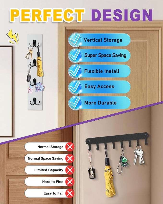 UCEC Space-Saving Wooden Vertical Key Holder for Wall with Hooks for Door | Small White Wooden Key Holder for Entryway, Front Door or Garage, Holds Keys, Wallets & Leashes, Space-Saving Wall Mount